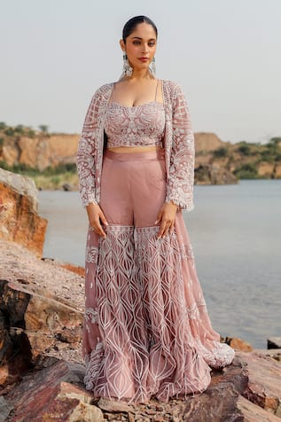 Label Moni K Embellished Longline Jacket Gharara Set 