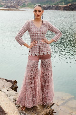 Label Moni K Mauve Crystal Embellished Jacket & Gharara Set 