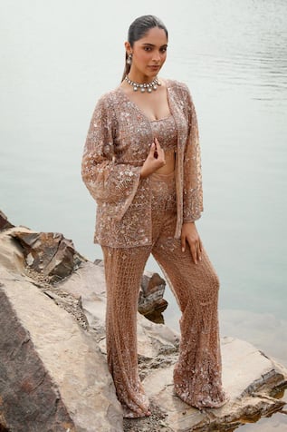 Label Moni K Gold Sequin Embroidered Jacket Pant Set 