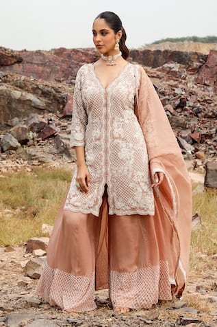Label Moni K Champagne Floral Embroidered Kurta Sharara Set 