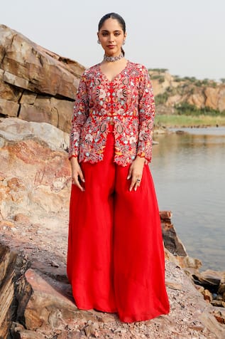 Label Moni K Floral Resham Embroidered Peplum Top & Sharara 