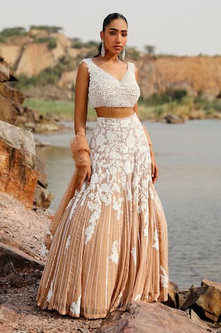Label Moni K Champagne Floral Patchwork Lehenga Set 