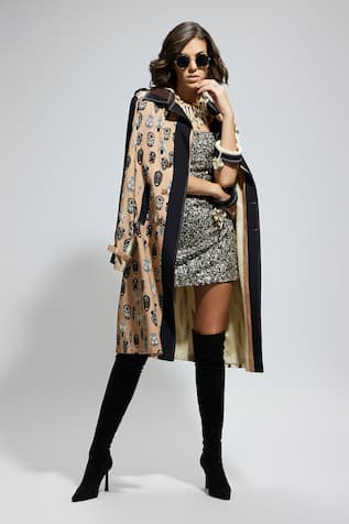 Sva By Sonam & Paras Modi Feather Print Embroidered Trench Coat 