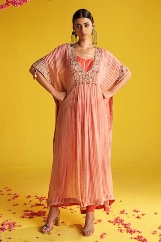 Studio Bagechaa Striped Bloom Embroidered Kaftan Pant Set 