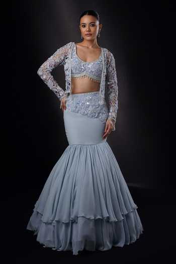 Ronak And Shruti Blue 3D Pearl Embroidered Lehenga Set 