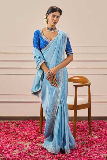 Issa Studio By Chetana & Swathi Floral Hand Embroidered Blue Saree Set 