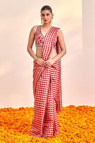 Shalkii Checkered Print Saree & Floral Embroidered Blouse 