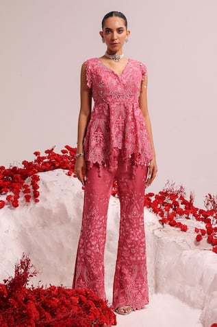 Label Moni K Candy Pink Floral Resham Embroidered Peplum Set 