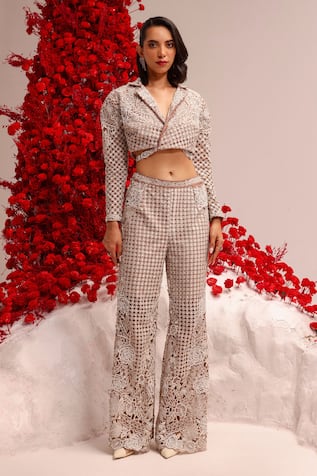 Label Moni K Beige Floral Embroidered Jacket & Pant Set 