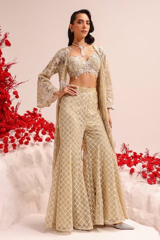Label Moni K Mint Green Floral Embroidered Jacket Sharara Set 