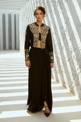 Chamee And Palak Zardozi Embellished Black Jacket & Skirt Set 