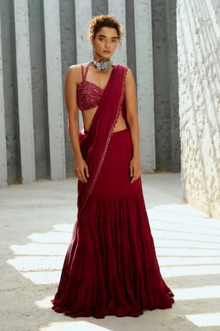 Chamee And Palak Deep Red Pre-Stitched Frill Lehenga Saree 