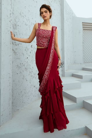 Chamee and Palak Estelle Placement Embellished Pre-Draped Saree With Corset 