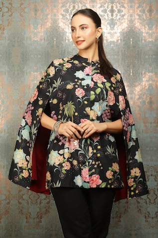 Tanu Malhotra Floral Print & Mirror Embroidered Cape 