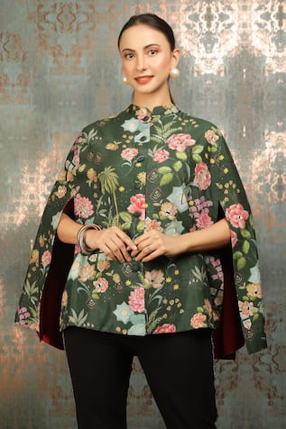 Tanu Malhotra Flora Print & Mirror Embroidered Cape 