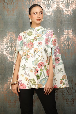 Tanu Malhotra Blossom Print & Mirror Embroidered Cape 