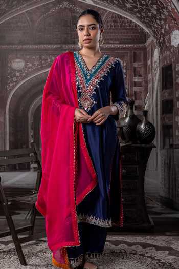 Label Radini Navy Blue Sequin Embroidered Kurta Set 