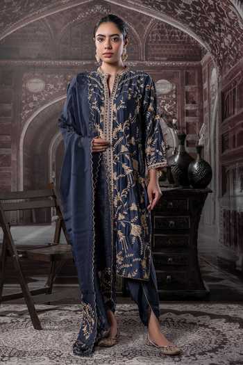 Label Radini Navy Floral Embroidered Kurta Set 