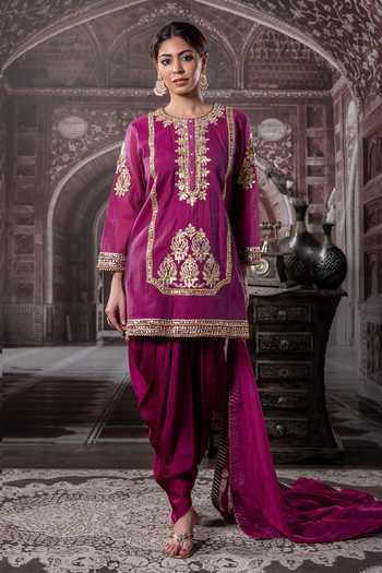 Label Radini Gota Embroidered Wine Kurta Dhoti Set 