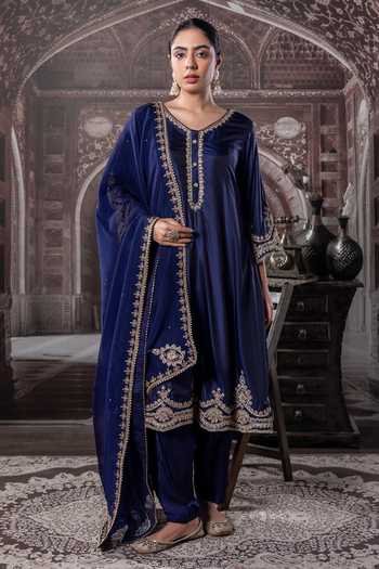 Label Radini Kirandori Embroidered Navy Blue Kurta Set 