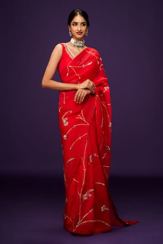 Issa Studio By Chetana & Swathi Chilli Red Zardozi Embroidered Saree 