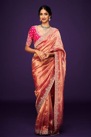 Issa Studio By Chetana & Swathi Orange Zardozi Embroidered Scalloped Saree 