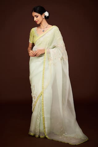 Issa Studio By Chetana & Swathi Zardozi Cutdana Embroidered Green Saree 