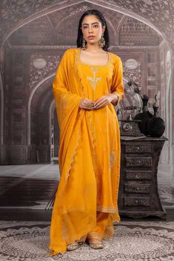 Label Radini Aari Hand Embroidered Mustard Kurta Set 