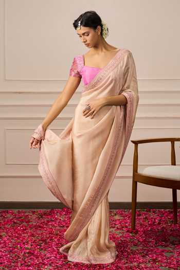 Issa Studio By Chetana & Swathi Apricot Pink Saree With Floral Embroidered Blouse 