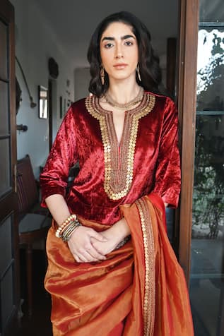 Shorshe Clothing Red Velvet Sequin Long Blouse 