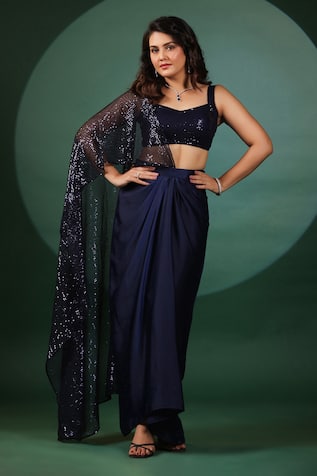 B'Infinite Blue Sequined Pre Draped Saree Set 