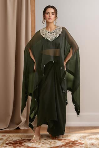Embroidered Black Kaftan & Blouse Set 