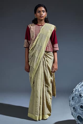 BANANA labs Hand Block Printed Cream Saree & Long Blouse 