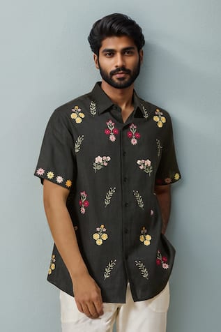 Ewoke Floral Bloom Embroidered Black Shirt 