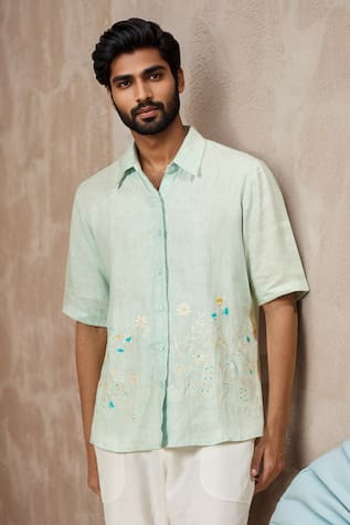 Ewoke Green Floral Embroidered Hemp Shirt 