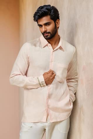 Floral Embroidered Hemp Collared Shirt 