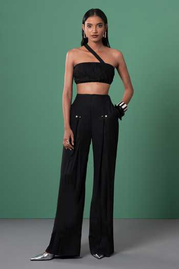 Advait Black Pleated Bralette & Trouser Set 