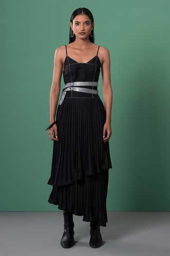 Advait Pleated Black Midi Dress 