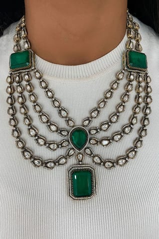 Emerald Green Kundan 3-Layer Necklace Set 