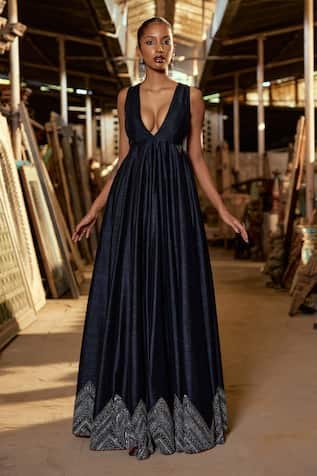 Karishma Khanduja Bareilly Black Raw Silk Embroidered Hem Gown 