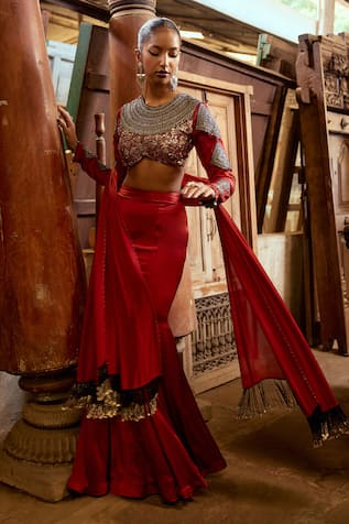 Karishma Khanduja Bareilly Maroon Fishcut Lehenga & Sequin Blouse Set 