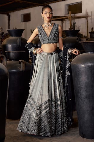 Karishma Khanduja Bareilly Geometric Embroidered Silver Lehenga Set 