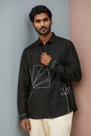Ewoke Floral Embroidered Black Shirt 