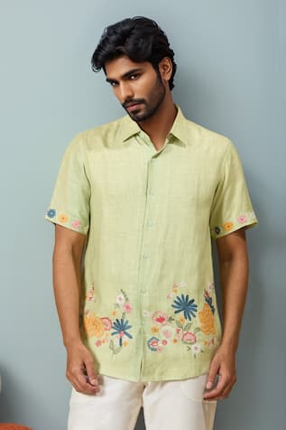 Ewoke Floral Embroidered Hemp Shirt 