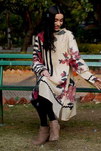 Moh India Beige Floral Woven Midi Dress 