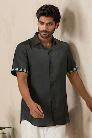 Ewoke Black Floral Embroidered Casual Shirt 