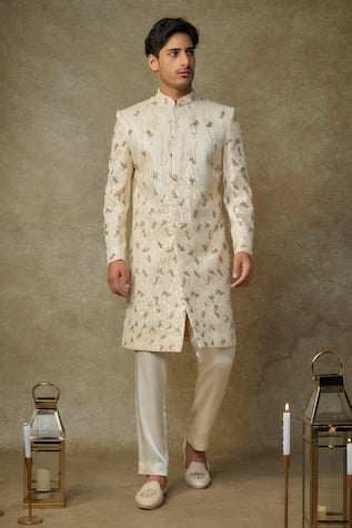 Masumi Mewawalla Butter Yellow Sequin Embroidered Sherwani Set 