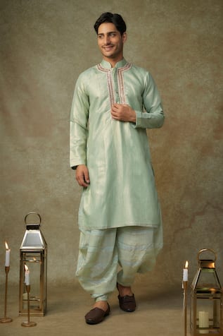 Masumi Mewawalla Embroidered Placket Tissue Kurta With Striped Dhoti 