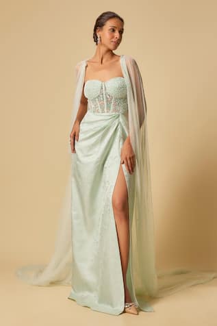 Masumi Mewawalla Brocade Embroidered Corset Draped Gown With Cape 