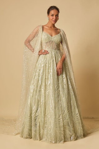 Masumi Mewawalla Sequin Blossom Embroidered Gown With Trail Cape 